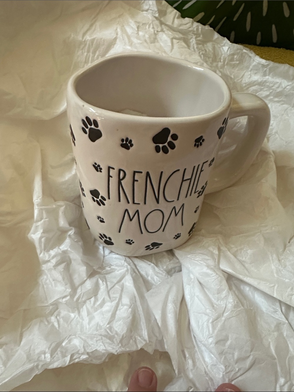 Rae Dunn Frenchie Mom Ceramic Mug – White with Black Paw Print Design